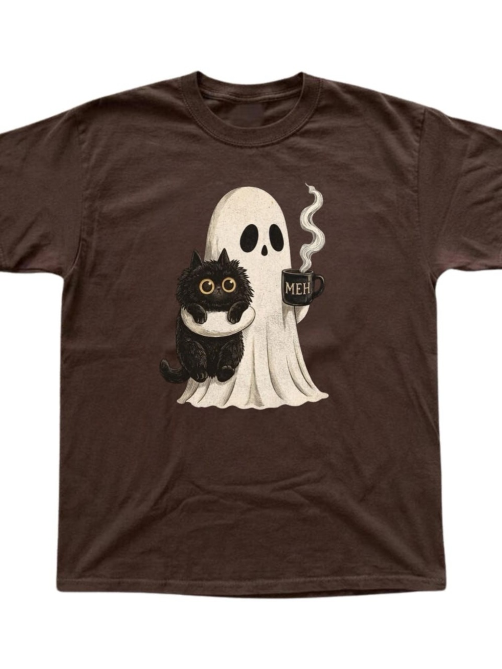 Gildan Brown Tee with Ghost Holding Meh Coffee & Black Cat Graphic